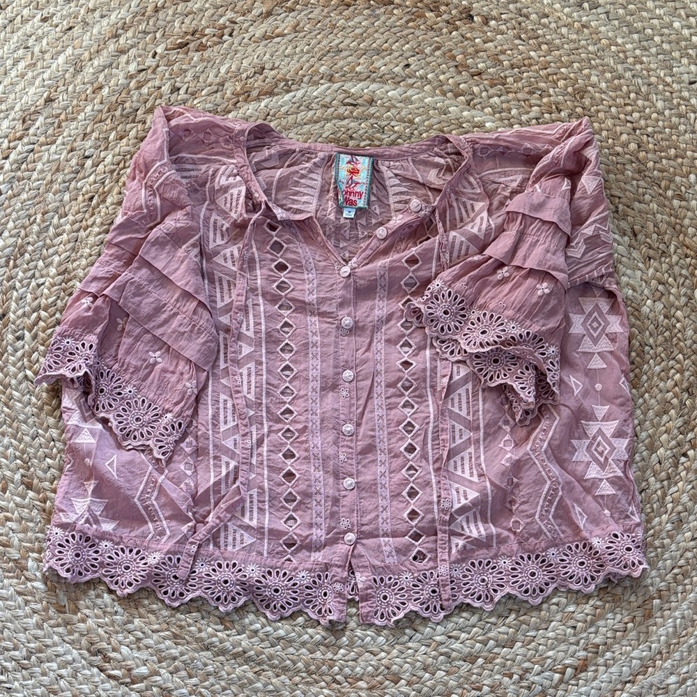 Johnny Was Pink Boho Lace Blouse